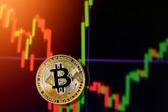 A line graph depicts the fluctuating price of Bitcoin over time, illustrating trends in cryptocurrency trading.