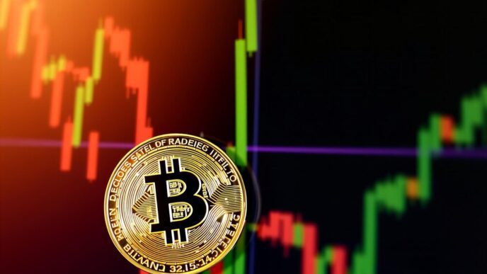 A line graph depicts the fluctuating price of Bitcoin over time, illustrating trends in cryptocurrency trading.
