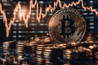 A Bitcoin logo is overlaid on a financial chart, representing digital currency investment opportunities.