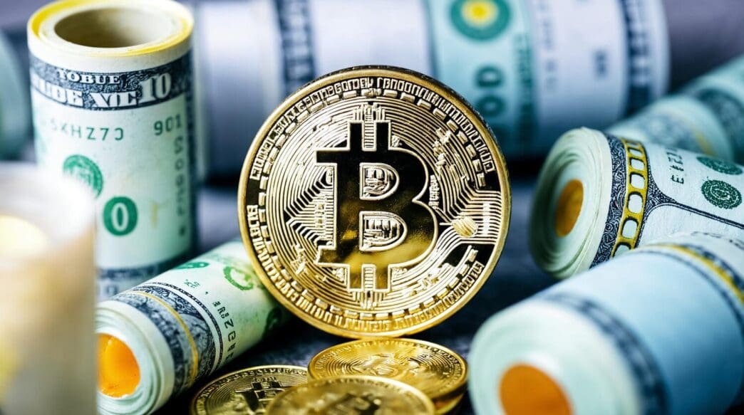 Bitcoin cryptocurrency symbol next to stacks of US dollar bills.