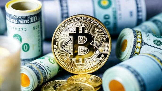 Bitcoin cryptocurrency symbol next to stacks of US dollar bills.