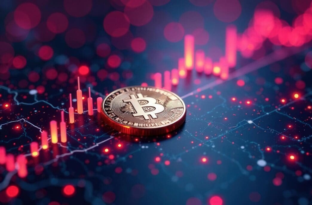 Neon-colored digital coins and charts glow in a cyberspace scene.