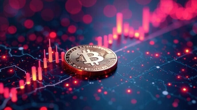 Neon-colored digital coins and charts glow in a cyberspace scene.
