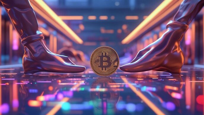 Bitcoin symbol glowing between two futuristic hands in a cyberpunk setting.