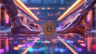 Bitcoin graphic displayed between two hands, set against a neon-lit cityscape.