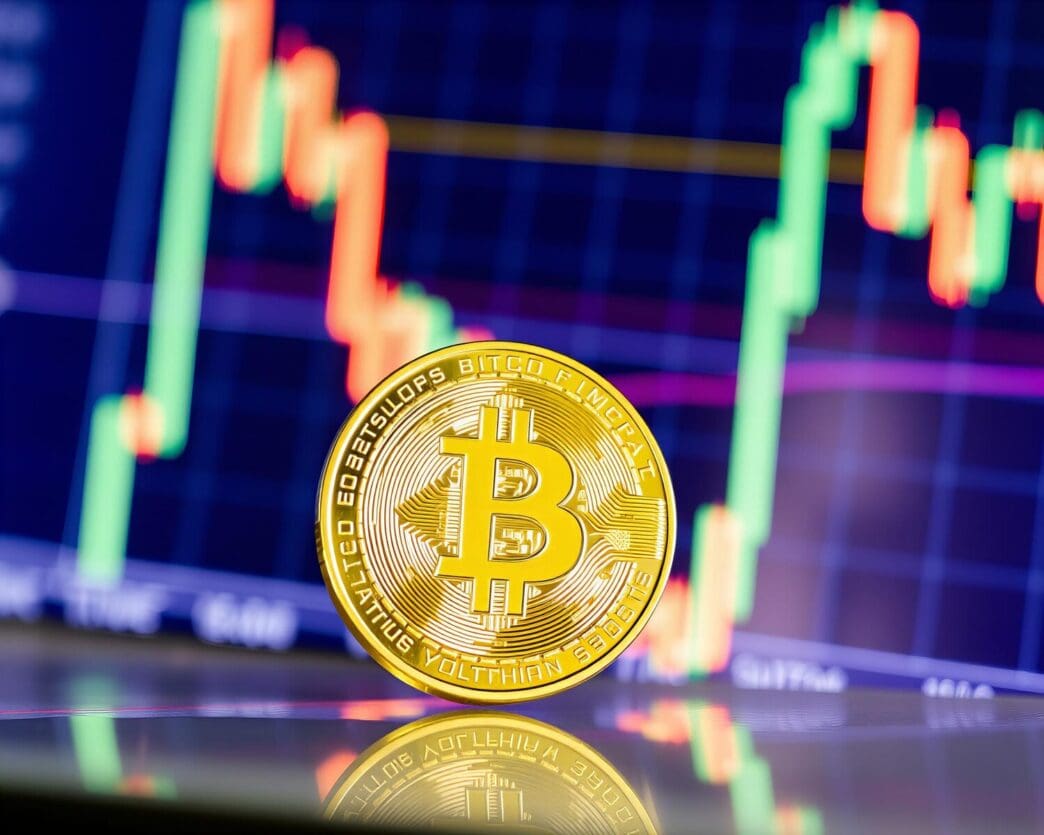 A gold Bitcoin coin rests on a surface with a blurred background of stock charts.