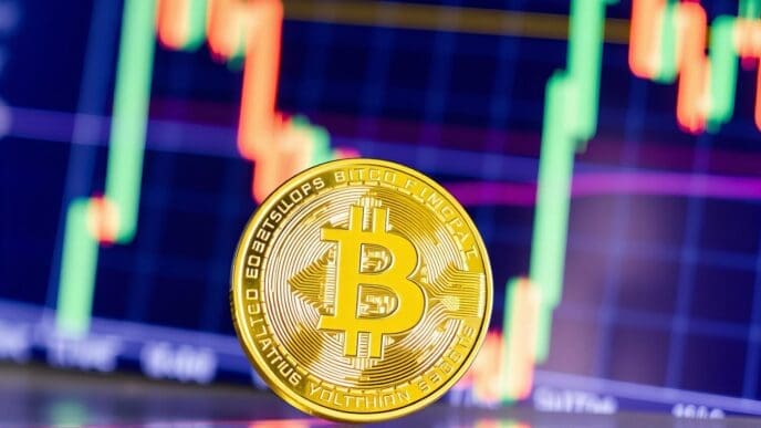 A gold Bitcoin coin rests on a surface with a blurred background of stock charts.