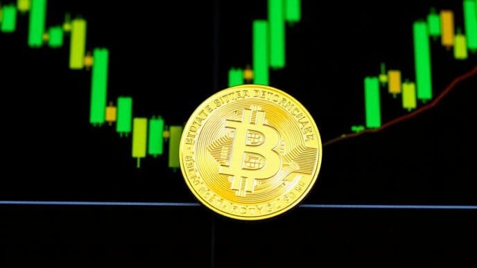 A gold Bitcoin coin rests on top of a price chart.