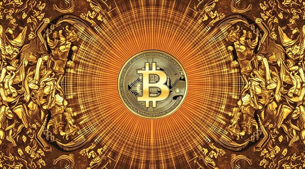 A glowing, golden Bitcoin symbol radiates light.