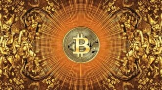 A glowing, golden Bitcoin symbol radiates light.