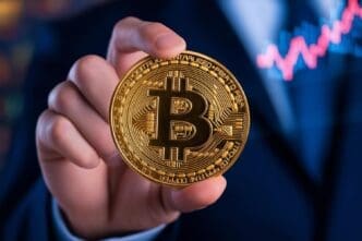 A business professional holds a Bitcoin coin, likely illustrating cryptocurrency investment trends.
