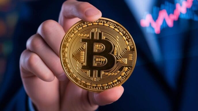 A business professional holds a Bitcoin coin, likely illustrating cryptocurrency investment trends.