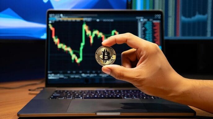 A hand holds a Bitcoin, representing cryptocurrency, in front of a screen displaying financial market analysis.