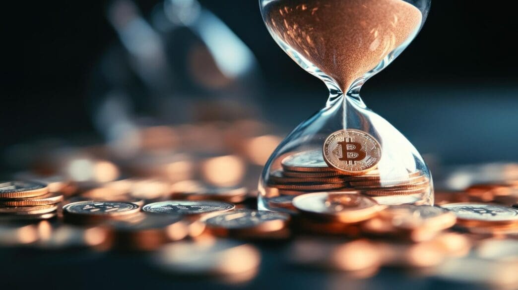 An hourglass filled with Bitcoin symbols represents the passage of time and investment in cryptocurrency.