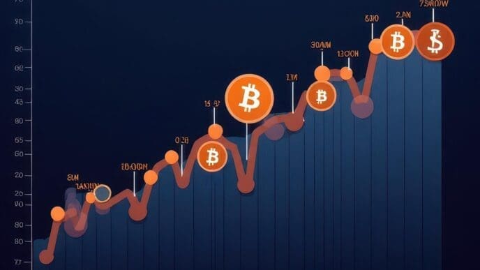 A line graph illustrates the upward trend of the Bitcoin market, indicating growth over time.
