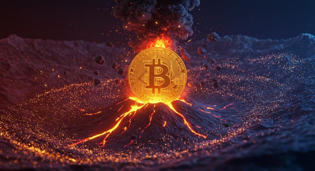 A graphic depicts a Bitcoin symbol with a rising upward arrow, representing a surge in its value or power.