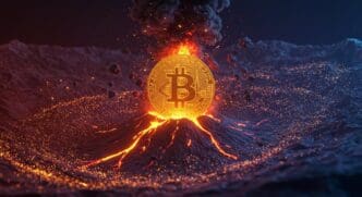 A graphic depicts a Bitcoin symbol with a rising upward arrow, representing a surge in its value or power.