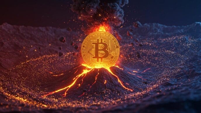 A graphic depicts a Bitcoin symbol with a rising upward arrow, representing a surge in its value or power.