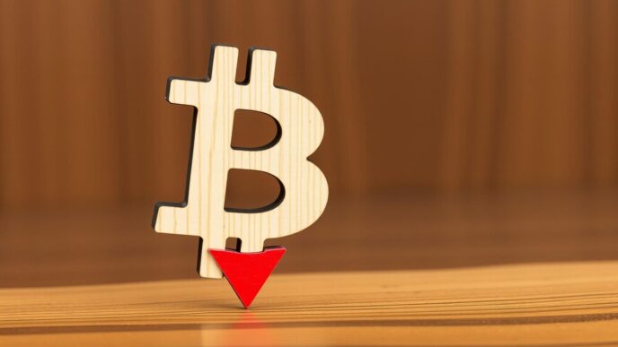 A downward-trending graph depicts the decline in Bitcoin's price, representing a cryptocurrency market downturn.