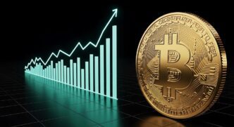 A line graph shows the upward trend of Bitcoin's price, representing the growth of cryptocurrency investment.