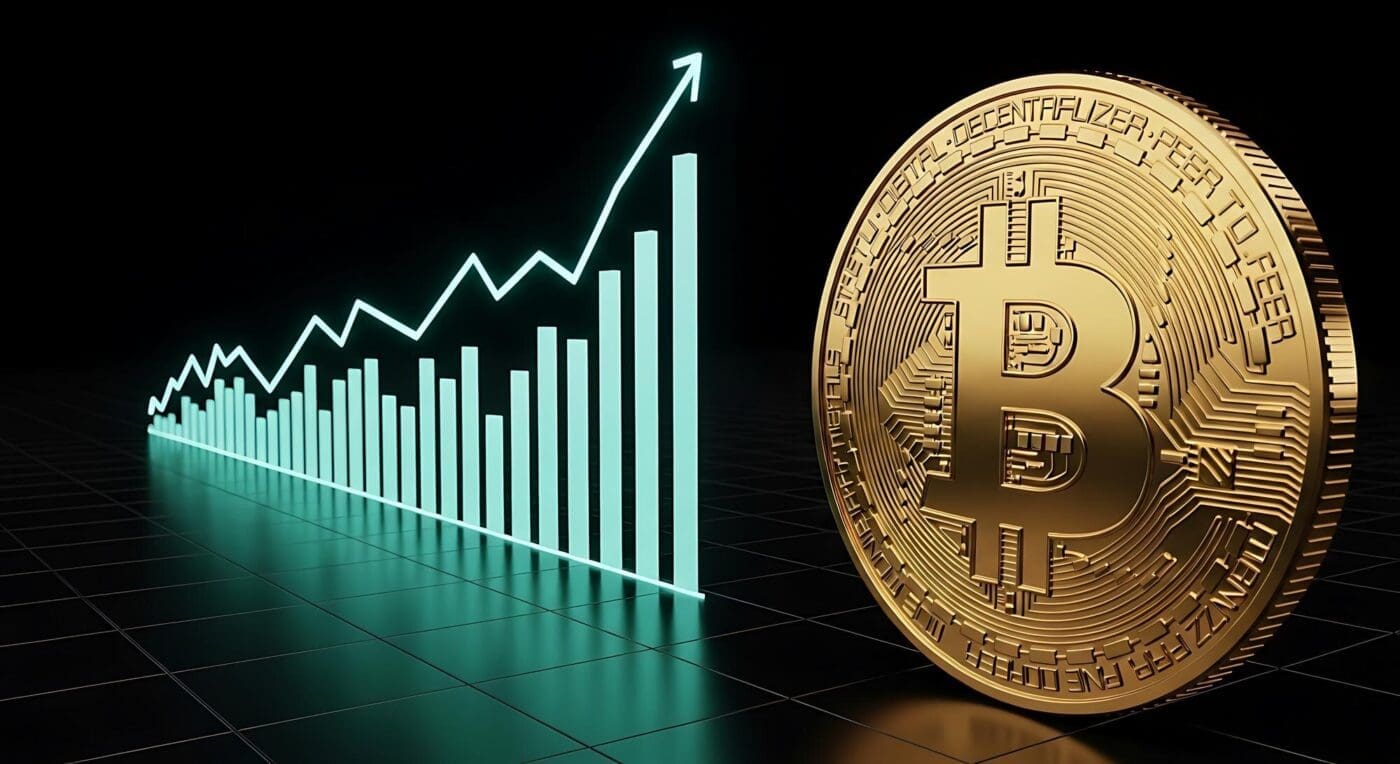 A graph illustrates the upward trend of Bitcoin's value, representing the concept of cryptocurrency investment growth.