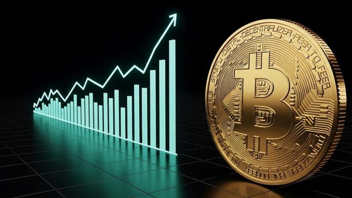 A graph depicts the upward trend of a Bitcoin price, illustrating the concept of cryptocurrency investment growth.