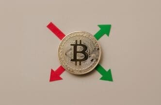 Line graph showing the price of Bitcoin fluctuating over time, with an overall upward trend.