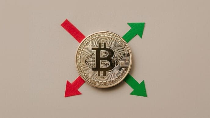 Line graph showing the price of Bitcoin fluctuating over time, with an overall upward trend.
