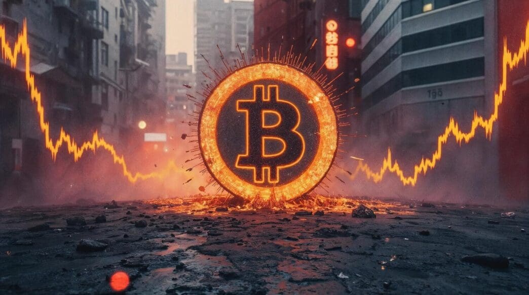 A graphic depicts a downward-sloping line representing Bitcoin's value plummeting, with flames engulfing the chart.