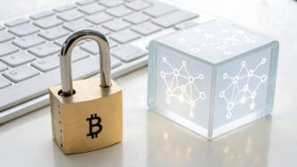 A digital graphic depicts a lock overlaid with blockchain technology symbols, representing Bitcoin security and encryption.