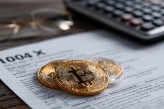 US tax form 1040 with Bitcoin graphics, representing cryptocurrency taxation.