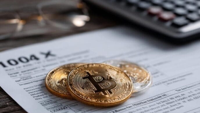 US tax form 1040 with Bitcoin graphics, representing cryptocurrency taxation.
