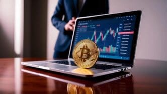 A person uses a laptop to trade Bitcoin.
