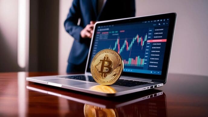 A person uses a laptop to trade Bitcoin.