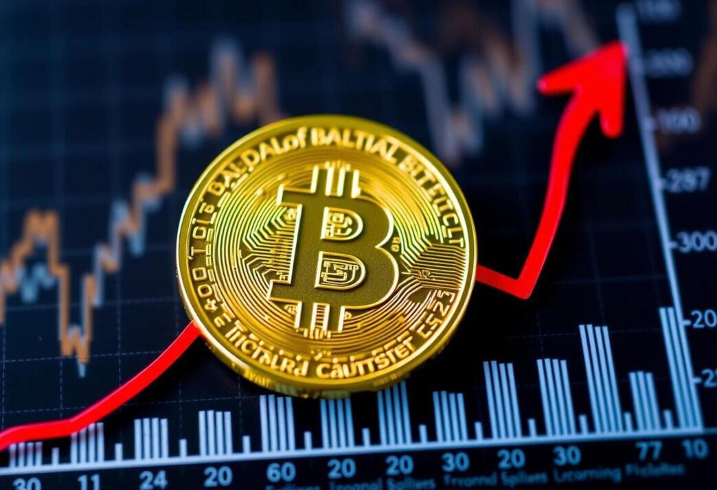 A Bitcoin logo is displayed above a red upward-pointing arrow and a blue financial chart.