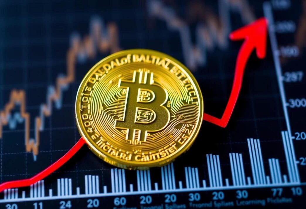 A bitcoin graphic is accompanied by an upward red arrow and a blue financial chart, suggesting growth.
