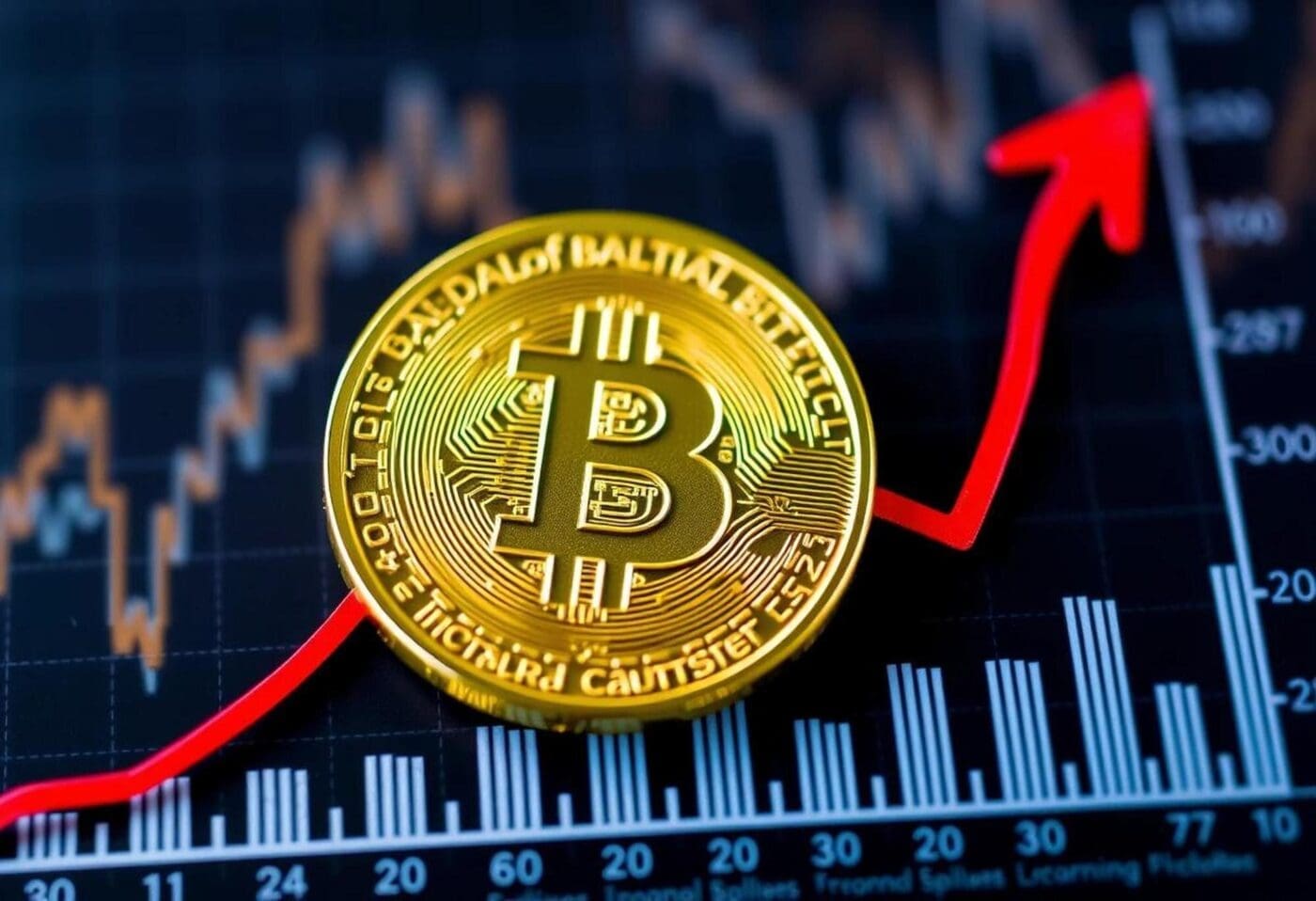 A bitcoin graphic is accompanied by an upward red arrow and a blue financial chart, suggesting growth.