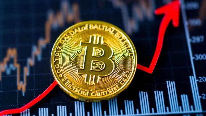 A Bitcoin logo is displayed above a red upward-pointing arrow and a blue financial chart.