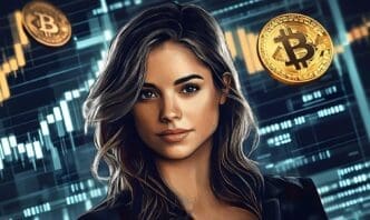 A woman is depicted, presumably in a graphic or illustration, with visual elements related to Bitcoin.