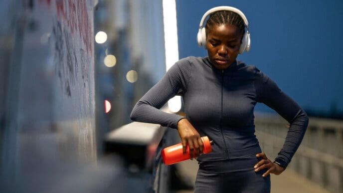 A Black woman in athletic wear focuses intently, preparing mentally for nighttime training.