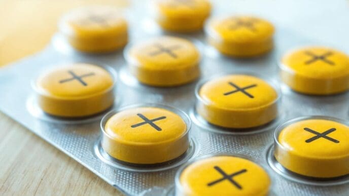 Blister pack of yellow pills, each marked with a black cross.