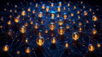 A glowing network of interconnected digital nodes with streams of cryptocurrency data.