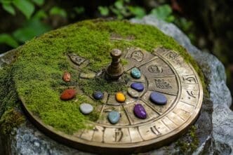 A brass sundial covered in moss sits amidst a collection of colorful pebbles marking the hours.