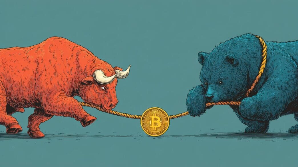 A bull and a bear pull on a cryptocurrency symbol in a dynamic tug-of-war.