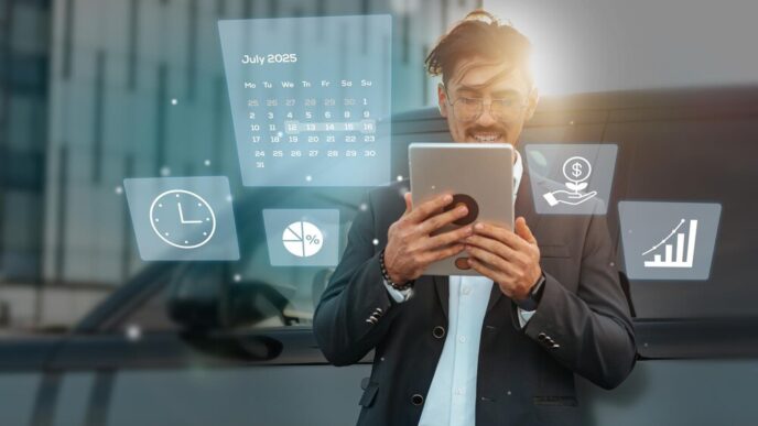Business professional using a tablet outdoors in an urban setting, likely in July 2025.