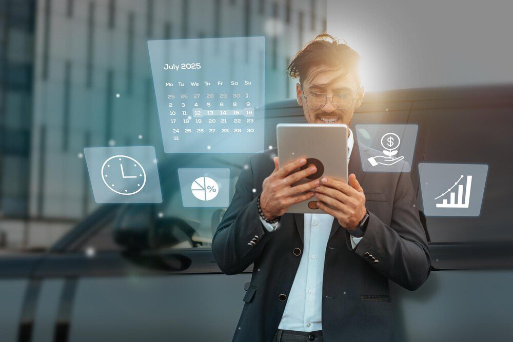Business professional using a tablet outdoors in an urban setting, likely in July 2025.
