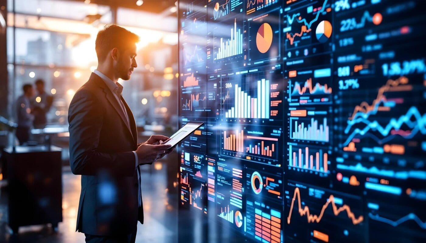 Businessman using artificial intelligence on a computer to analyze data.