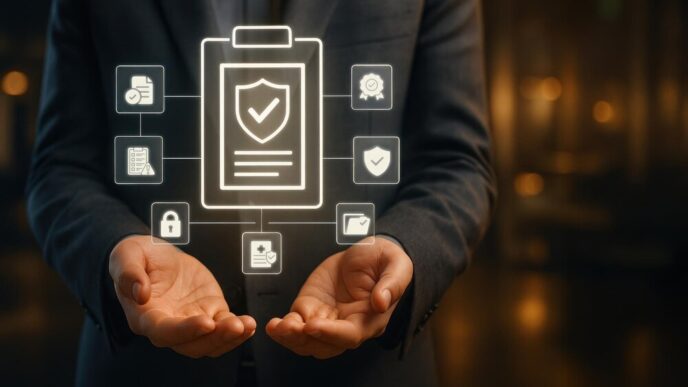 Businessman holding glowing icons related to work safety and compliance against a blurred background.