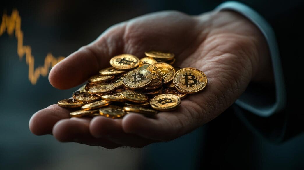 A businessman holds a pile of Bitcoin with a stock chart overlaid in a double exposure, representing an investment concept.