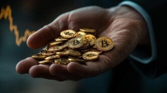 A businessman holds a stack of Bitcoin coins, overlaid with a stock chart, illustrating an investment concept.